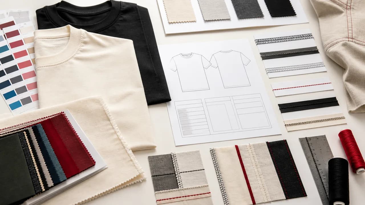 プリント見本、縫製仕様書、Tシャツ生地を並べたアパレルOEM資料