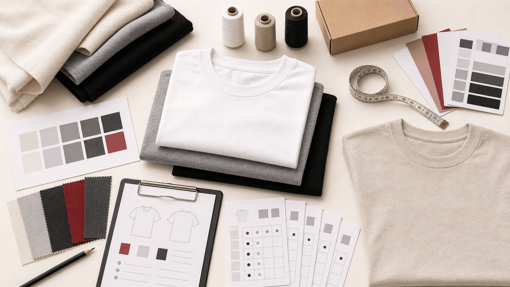 Tシャツ生地、プリント色見本、サイズ別MOQ表を並べた小ロットOEM資料