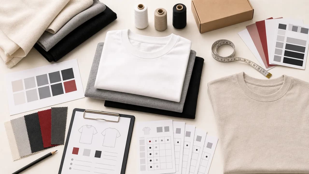 Tシャツ生地、プリント色見本、サイズ別MOQ表を並べた小ロットOEM資料